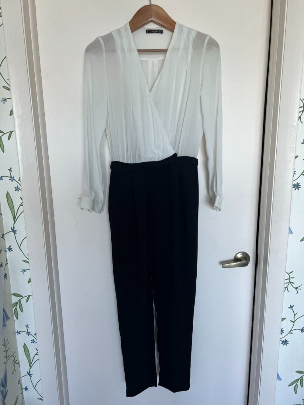 MANGO Suit Two Tone Tuxedo Jumpsuit White Chiffon Black Trousers S